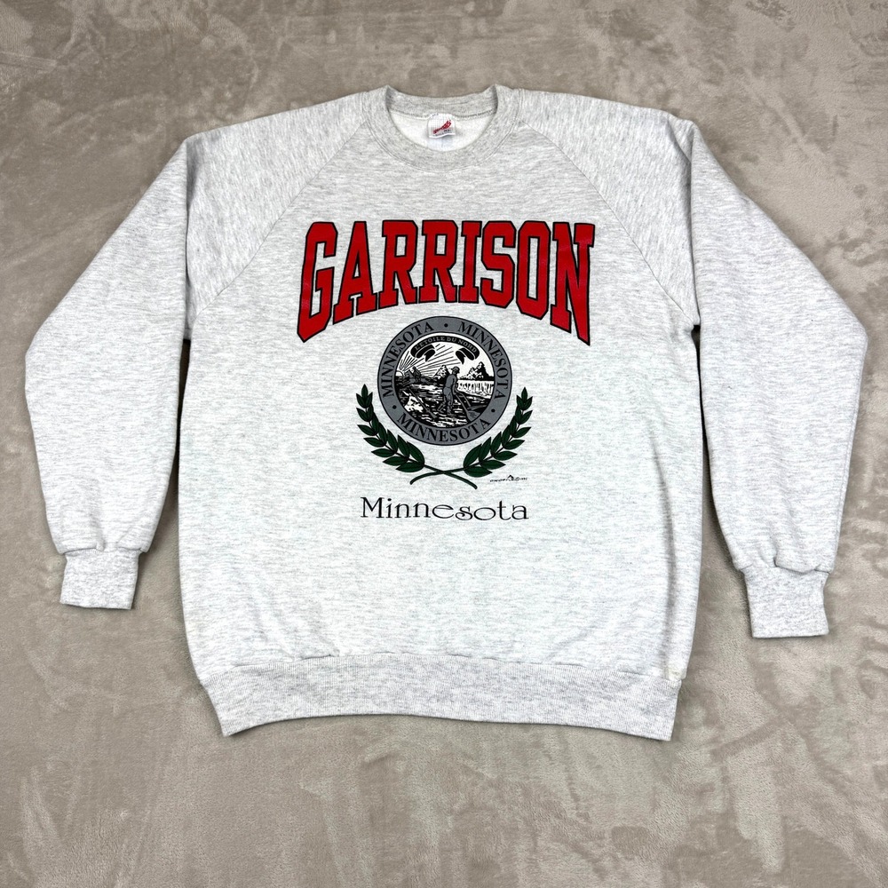 Vintage 90s Garrison‎ Minnesota Sweatshirt Jerzees XL Gray Novelty Graphic Y2K